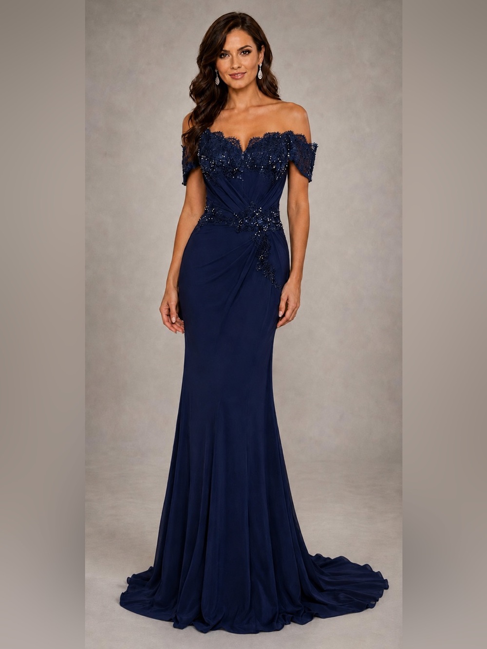 Jovani 37572A Navy Blue Embellished Lace Off Shoulder Evening Gown Size 6 NWT
